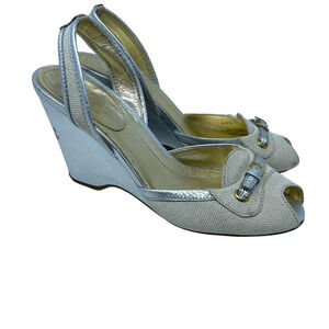 The Original Car Shoe Silver Metallic Canvas Wedge Sandal Size‎ 40.5 US 10.5
